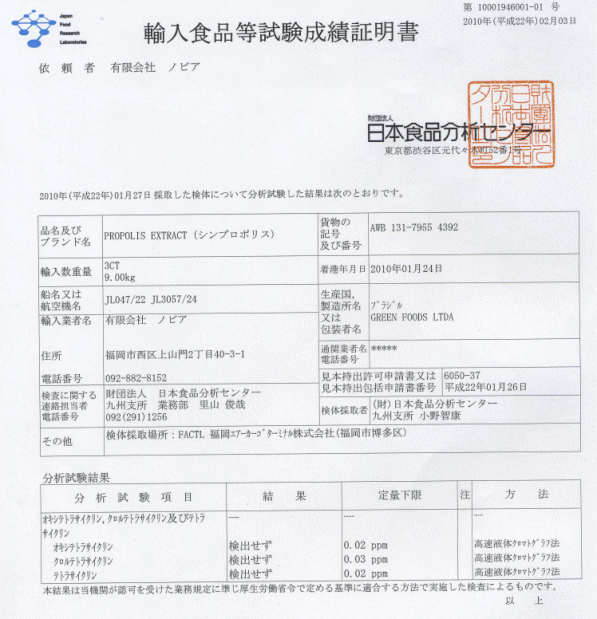 日本食品分析センター成績証明書