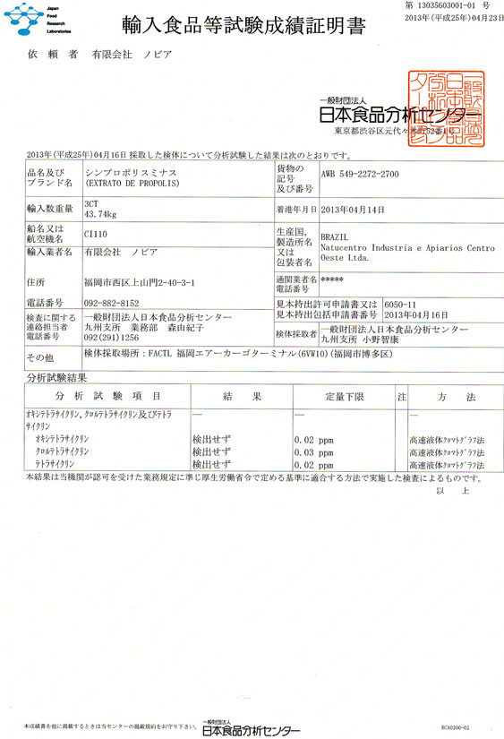 ２０１３年度日本食品分析センターの検査結果